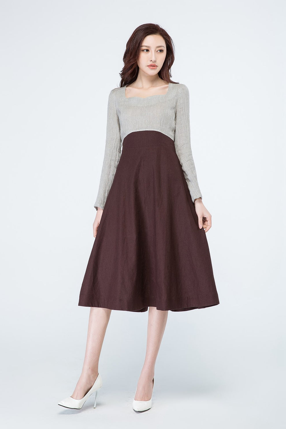 long sleeves dress, colorblock dress, grey and brown dress 1699 ??? XiaoLizi