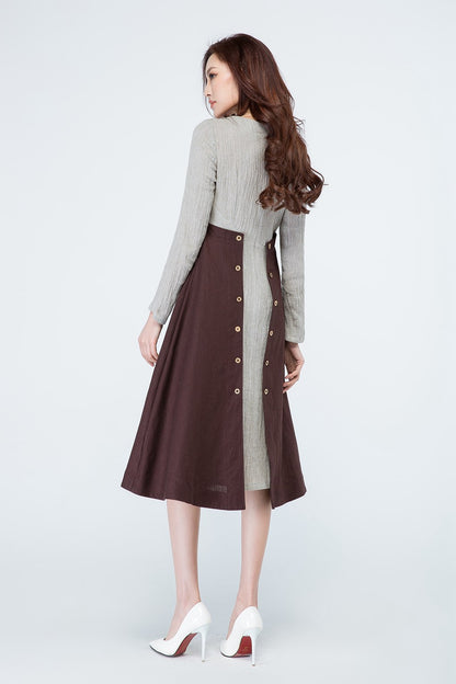 Grey and Brown Colorblock Midi Dress - Long Sleeves, Back Zipper 1699