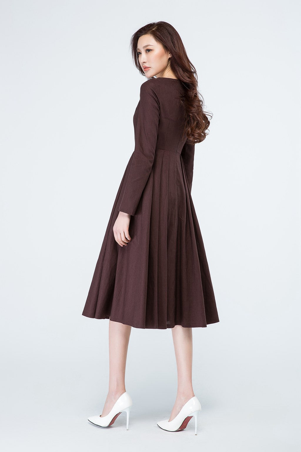 A line long sleeves brown linen dress for spring 1700# Xiaolizi A line long sleeves brown linen dress for spring 1700# Xiaolizi