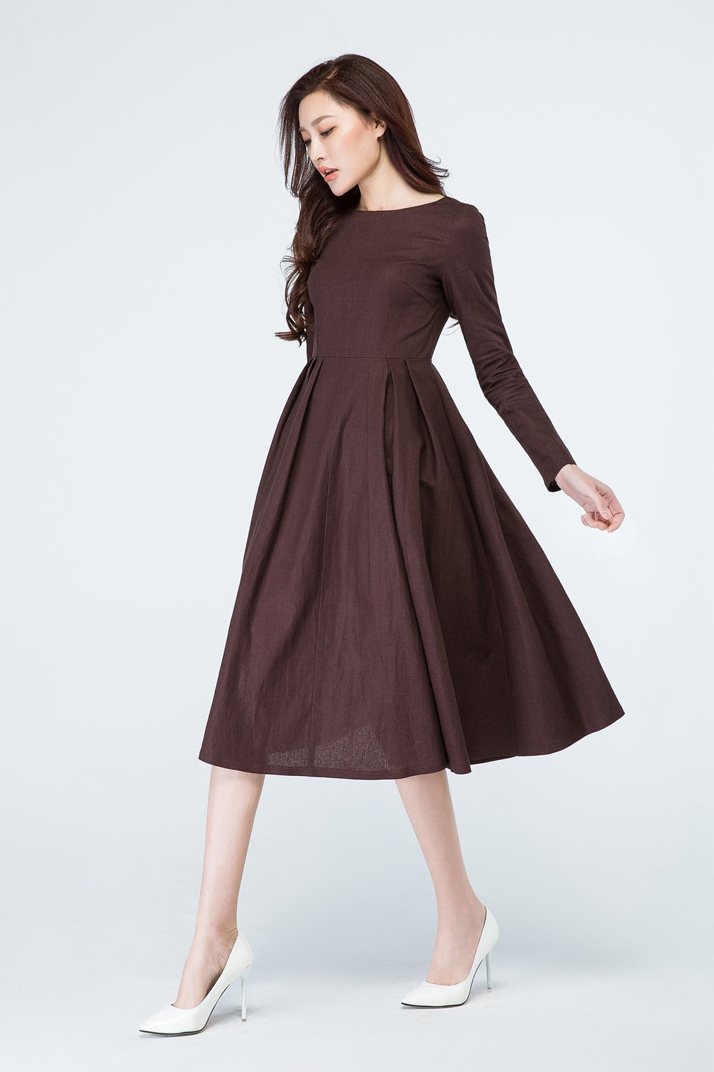 A line long sleeves brown linen dress for spring 1700# Xiaolizi A line long sleeves brown linen dress for spring 1700# Xiaolizi
