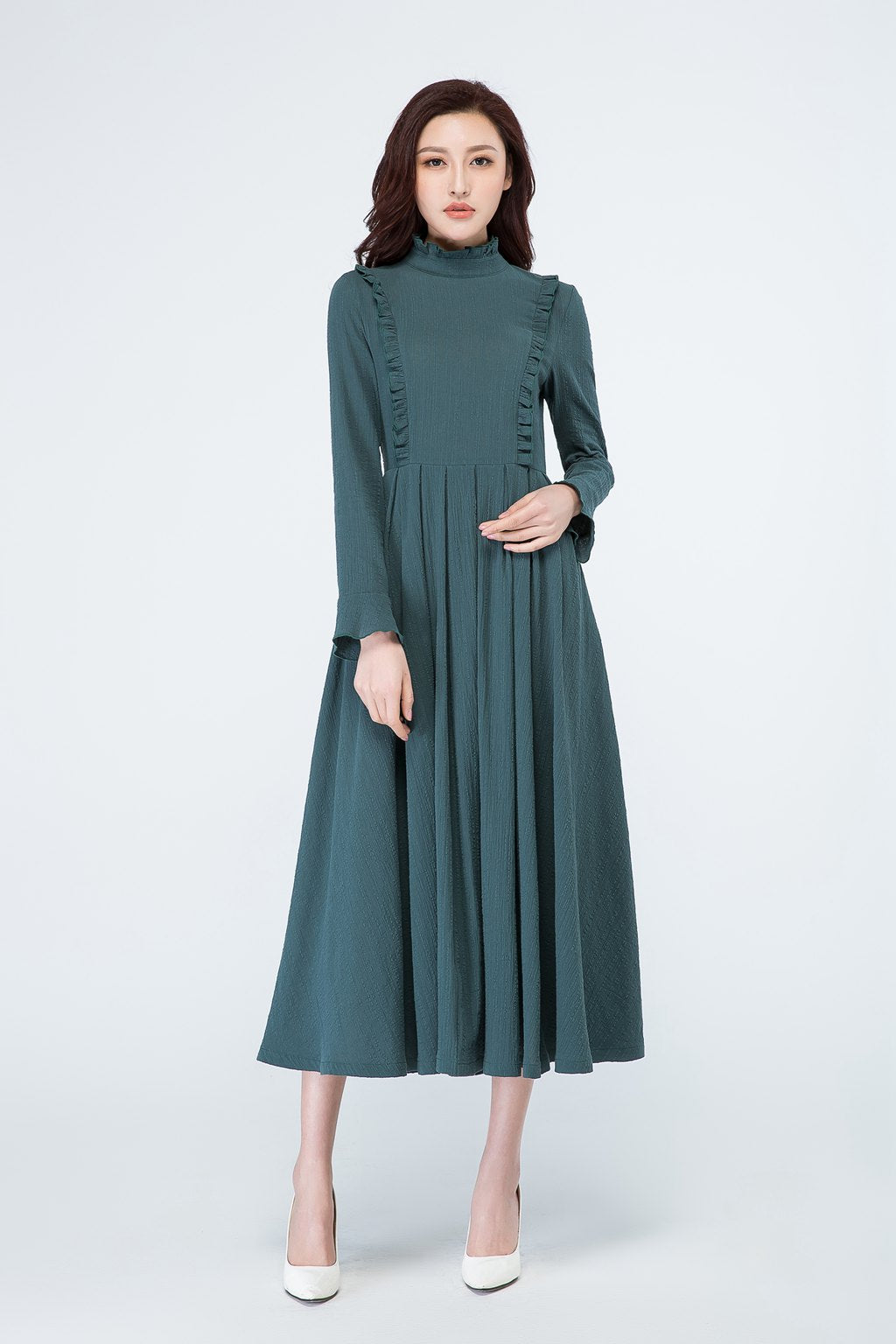 Maxi Dress in Cotton Linen Blend - Long Sleeve, Retro High Waist 1701