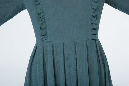 Maxi Dress in Cotton Linen Blend - Long Sleeve, Retro High Waist 1701