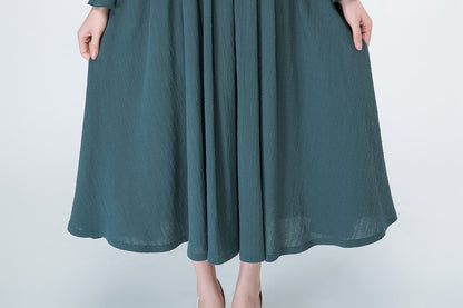 Maxi Dress in Cotton Linen Blend - Long Sleeve, Retro High Waist 1701