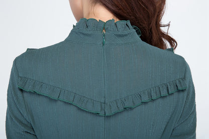 Maxi Dress in Cotton Linen Blend - Long Sleeve, Retro High Waist 1701