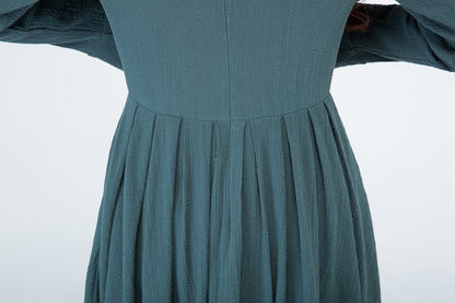 Maxi Dress in Cotton Linen Blend - Long Sleeve, Retro High Waist 1701