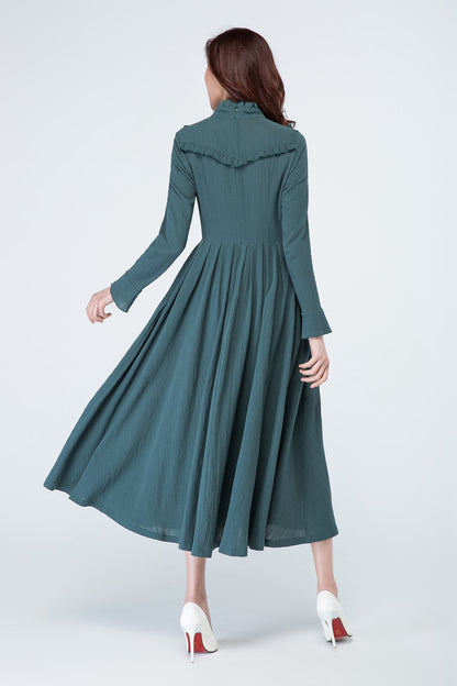 Maxi Dress in Cotton Linen Blend - Long Sleeve, Retro High Waist 1701