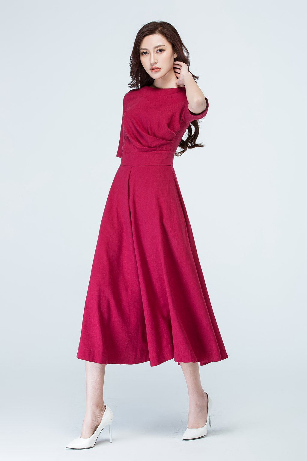 wine red party linen dress summer 1705 Xiaolizi wine red party linen dress summer 1705 Xiaolizi