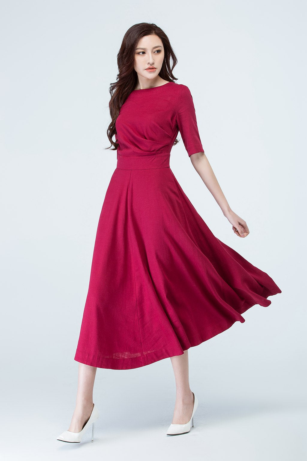 red midi linen dress Linen Blend Shirred Handkerchief Hem Midi Dress