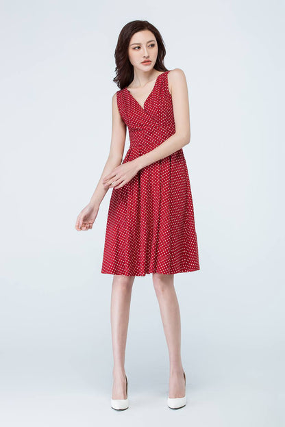 Red Chiffon Knee-Length Dress - Sleeveless V-Neck Polka Dot 1706
