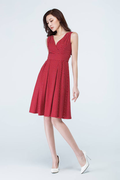 Red Chiffon Knee-Length Dress - Sleeveless V-Neck Polka Dot 1706