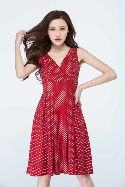 Red Chiffon Knee-Length Dress - Sleeveless V-Neck Polka Dot 1706