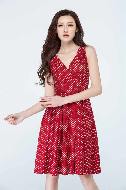 Red Chiffon Knee-Length Dress - Sleeveless V-Neck Polka Dot 1706