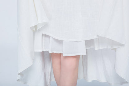 White Linen Tea Length Dress - Corset Fitted, Pleated V-Neckline 1740