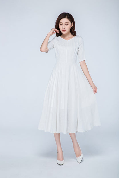 White Linen Tea Length Dress - Corset Fitted, Pleated V-Neckline 1740
