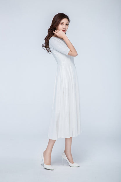 White Linen Tea Length Dress - Corset Fitted, Pleated V-Neckline 1740