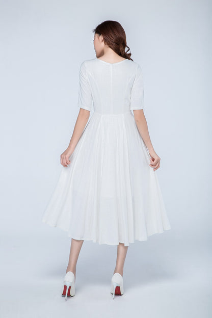 White Linen Tea Length Dress - Corset Fitted, Pleated V-Neckline 1740