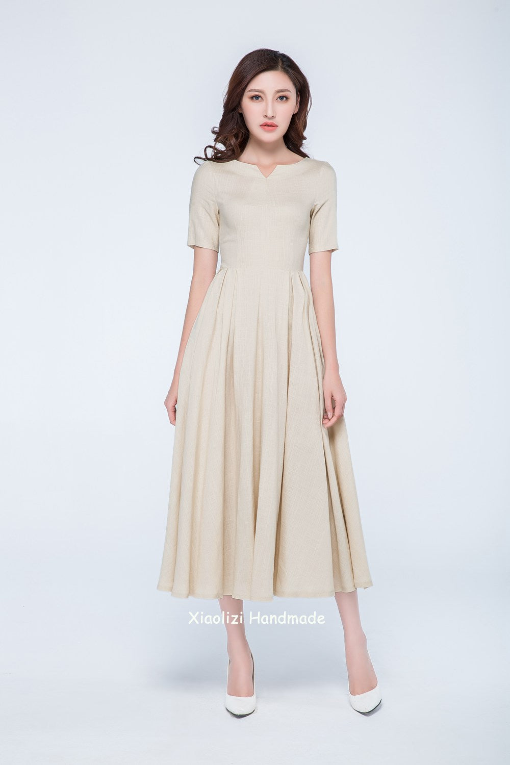 Cream Linen Dress with Pleated Midi Skirt