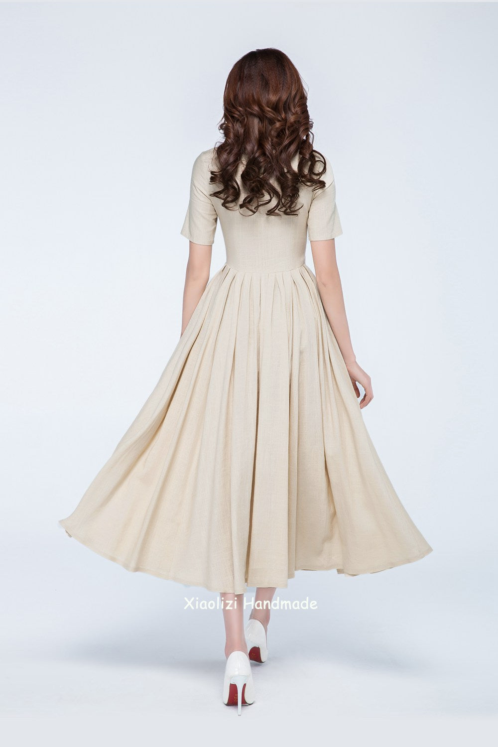 linen summer dress, cream dress short sleeves 1742 Xiaolizi linen summer dress, cream dress short sleeves 1742 Xiaolizi