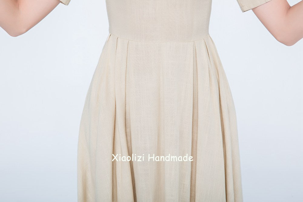 linen summer dress, cream dress short sleeves 1742 Xiaolizi linen summer dress, cream dress short sleeves 1742 Xiaolizi