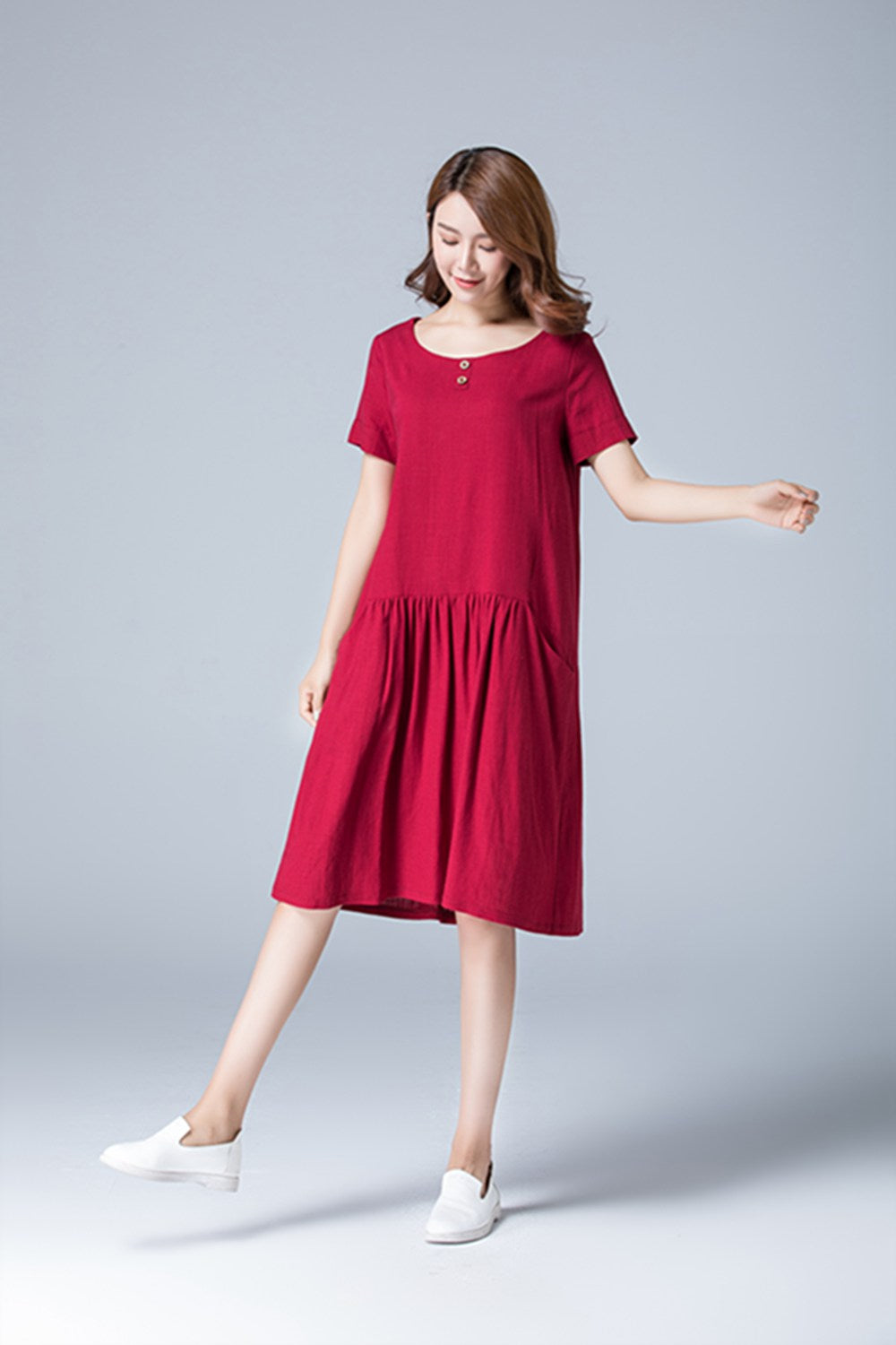 summer red tunic linen dress with pockets 1784