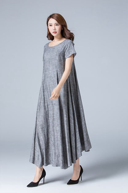 Gray Linen Maxi Dress - High Waist Pleated Flowy Skirt 1776