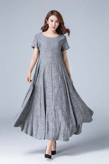 Gray Linen Maxi Dress - High Waist Pleated Flowy Skirt 1776