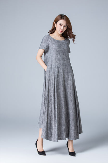 Gray Linen Maxi Dress - High Waist Pleated Flowy Skirt 1776