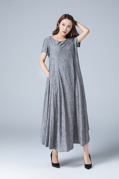 Gray Linen Maxi Dress - High Waist Pleated Flowy Skirt 1776