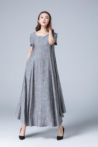 Gray Linen Maxi Dress - High Waist Pleated Flowy Skirt 1776
