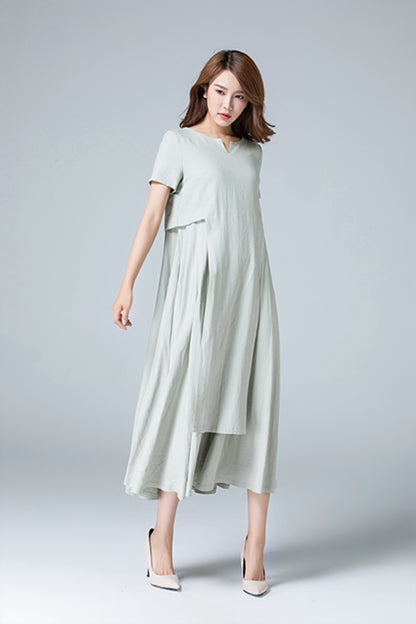 Green Linen Midi Dress - Soft Pleated, Fitted Waist 1787
