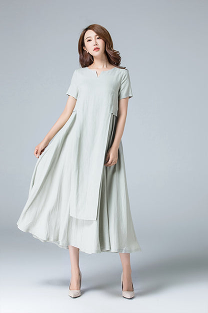 Green Linen Midi Dress - Soft Pleated, Fitted Waist 1787