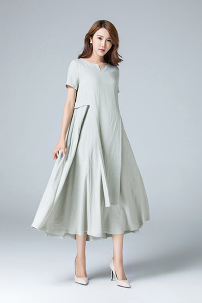 Green Linen Midi Dress - Soft Pleated, Fitted Waist 1787