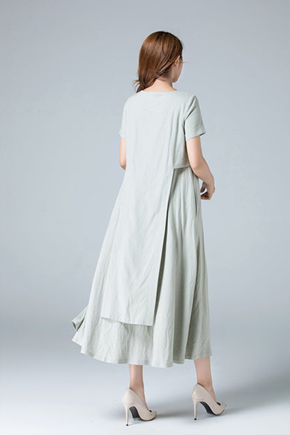 Green Linen Midi Dress - Soft Pleated, Fitted Waist 1787