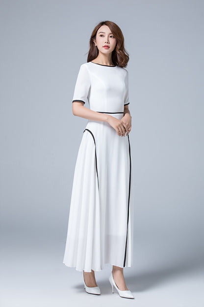 White Chiffon Dress - Ankle Length with Crew Neck and High Waist 1779