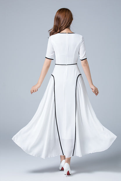 White Chiffon Dress - Ankle Length with Crew Neck and High Waist 1779