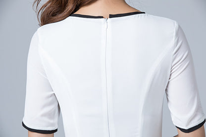White Chiffon Dress - Ankle Length with Crew Neck and High Waist 1779