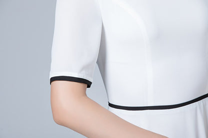 White Chiffon Dress - Ankle Length with Crew Neck and High Waist 1779