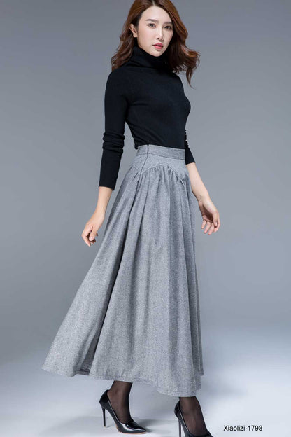Elegant ankle-length wool skirt paired with black sweater