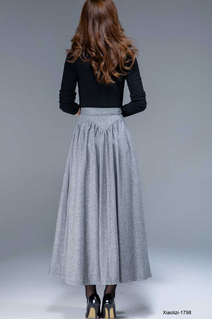 Gray Wool Maxi Skirt – High Waist 1950s Inspired Flared Winter Skirt 1798