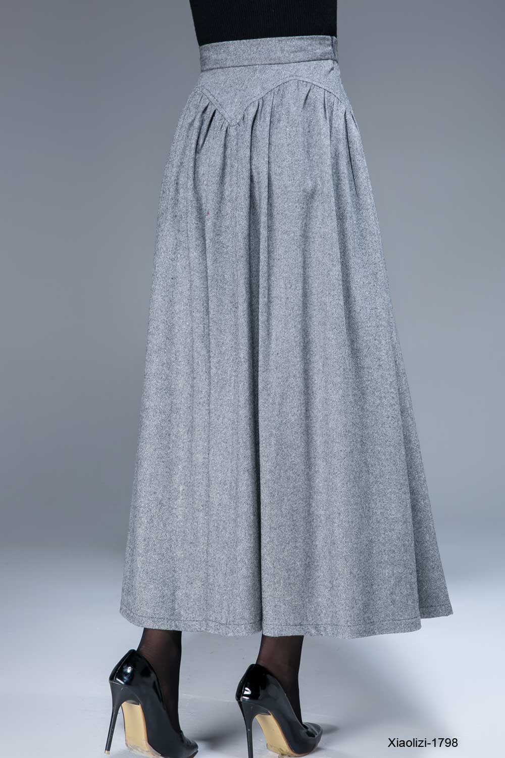 Women's pleated maxi wool skrit for winter in grey 1798#