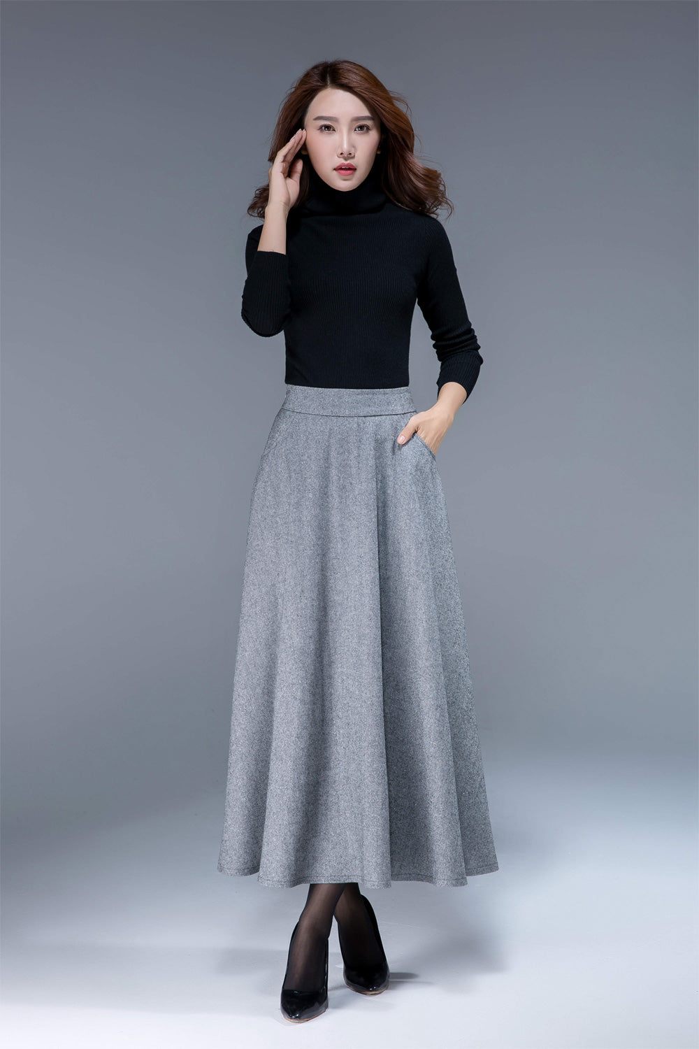 gray wool skirt, a line skirt, classic skirt, elegant skirt, skirt