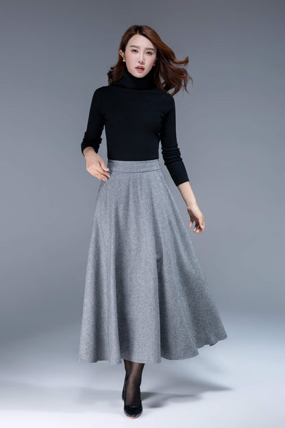 Black Wool Maxi Skirt Women – High Waist A-Line Long Winter Skirt with Pockets 1088