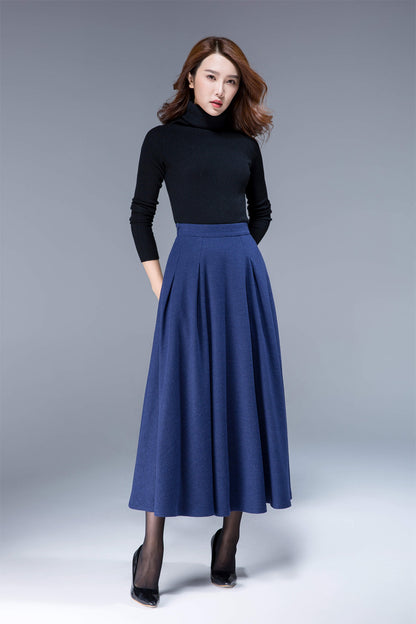 Blue Wool Maxi Skirt - Pleated with Side Pockets 1806