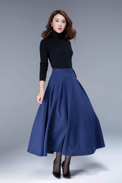 Blue Wool Maxi Skirt - Pleated with Side Pockets 1806