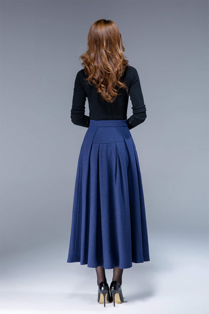 Blue Wool Maxi Skirt - Pleated with Side Pockets 1806