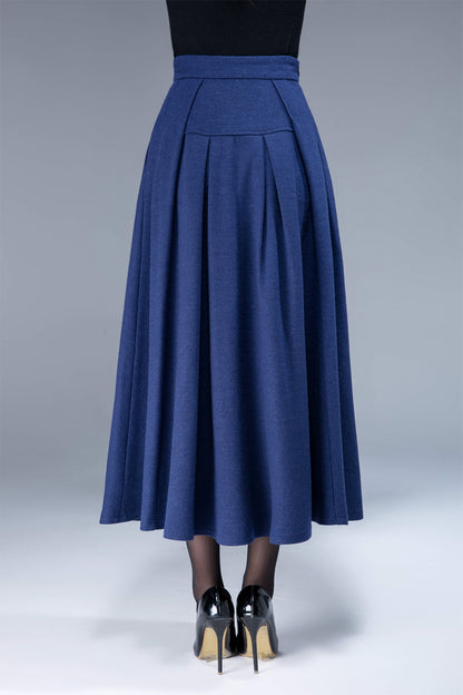 Blue Wool Maxi Skirt - Pleated with Side Pockets 1806