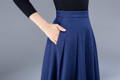Blue Wool Maxi Skirt - Pleated with Side Pockets 1806