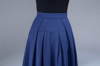 Blue Wool Maxi Skirt - Pleated with Side Pockets 1806