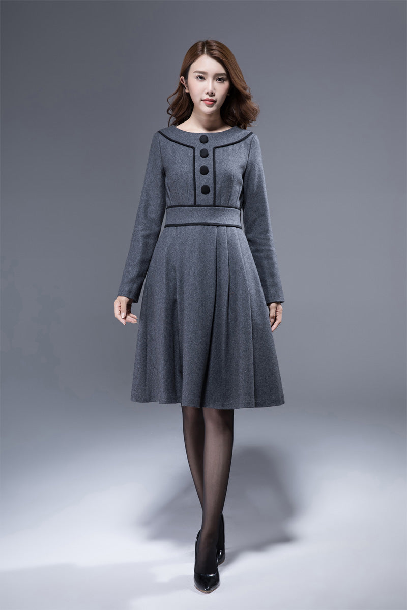 Dark Gray Wool Dress - Long Sleeve Flared Knee Length | Xiaolizi Dark Gray Wool Dress - Long Sleeve Flared Knee Length | Xiaolizi