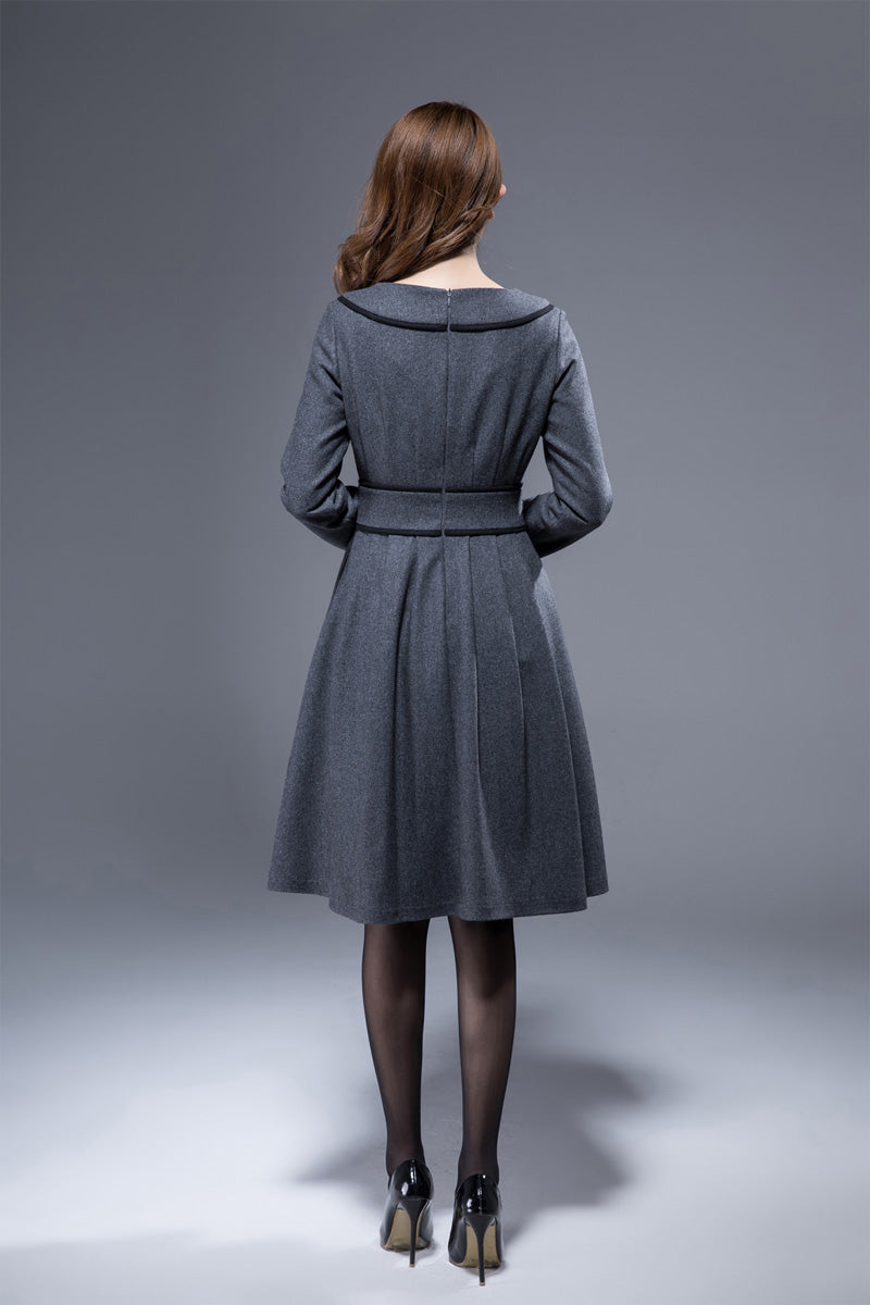 Dark Gray Wool Dress - Long Sleeve Flared Knee Length | Xiaolizi Dark Gray Wool Dress - Long Sleeve Flared Knee Length | Xiaolizi